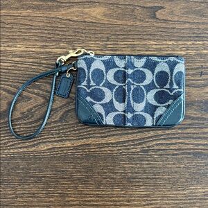 Coach Signature Canvas Small Dark Blue Denim Wristlet with Gold Hardware